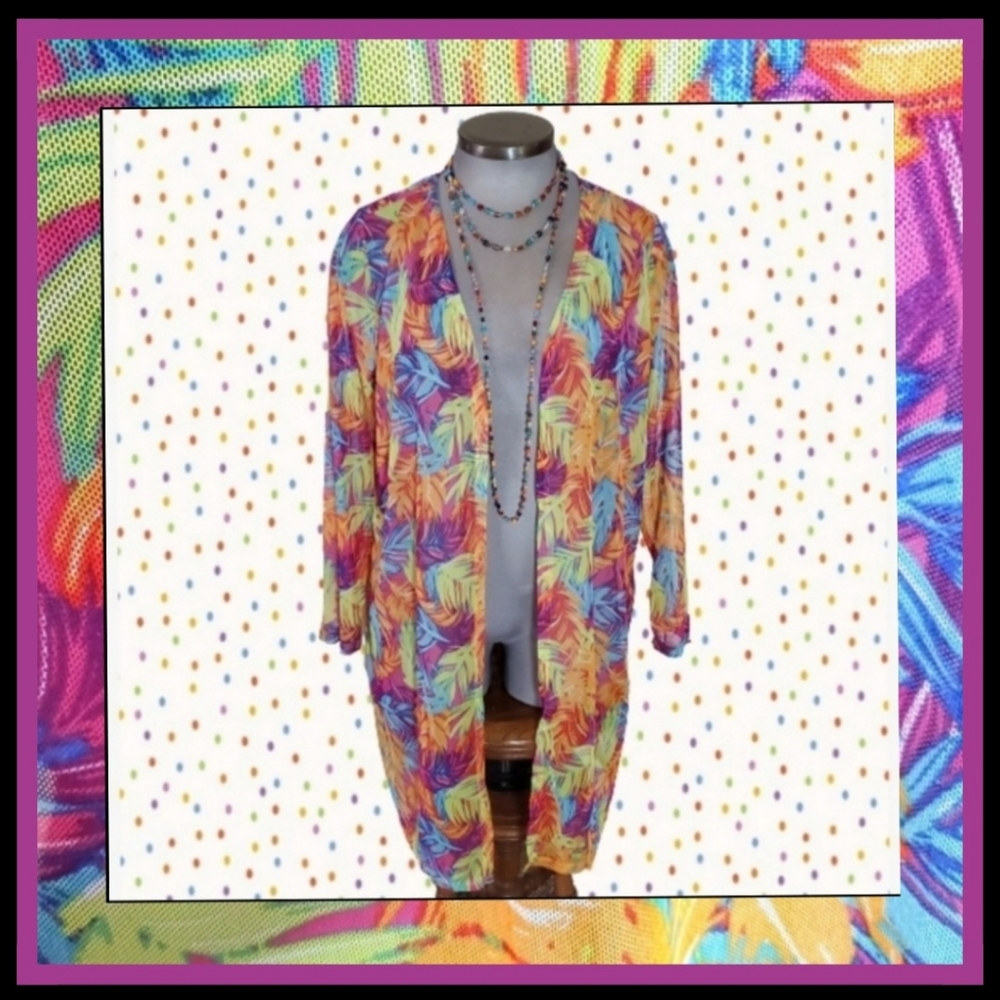 NEON PALMS ☆ COLORFUL MESH KIMONO COVER-UP ☆ 2x ☆ NWT